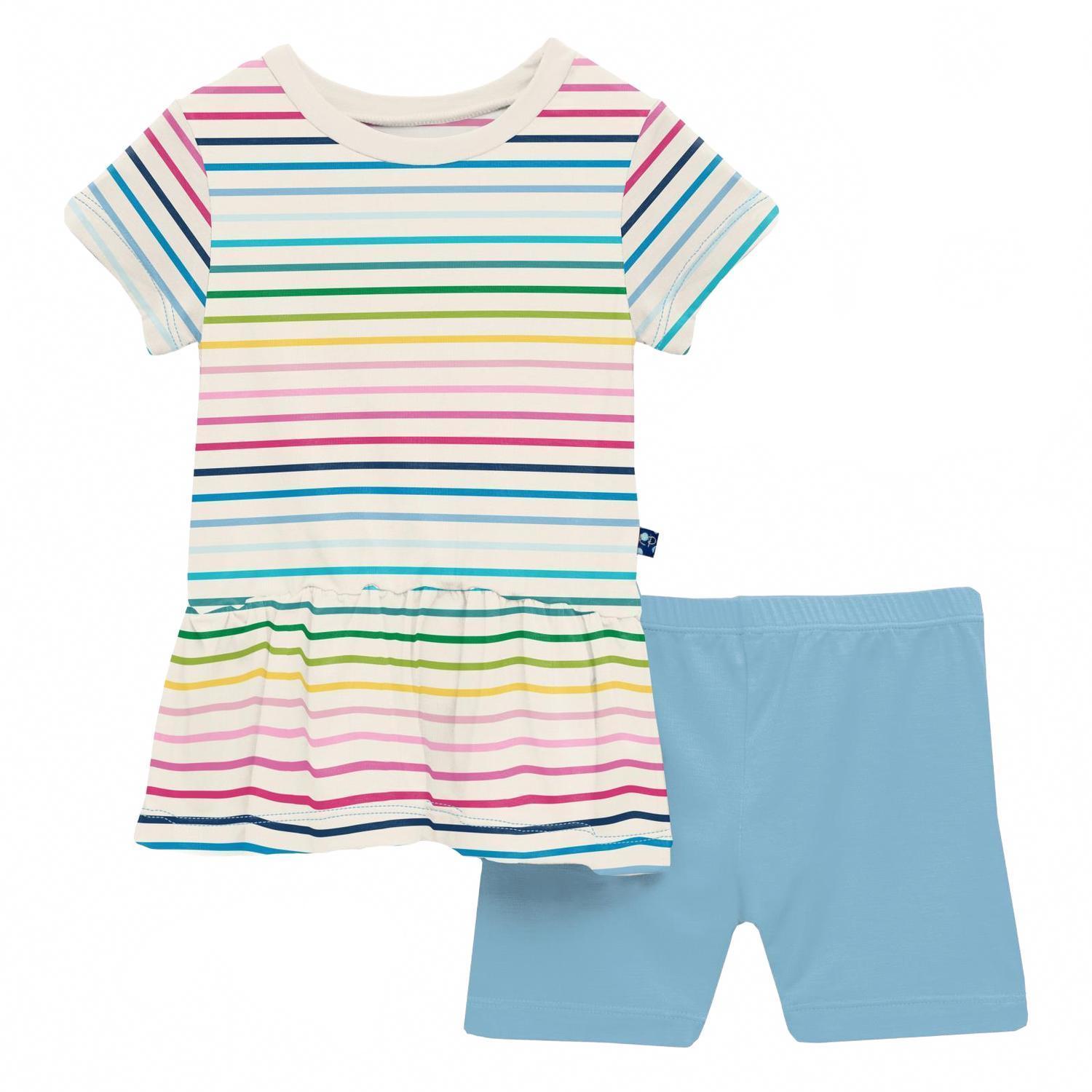 New Kickee Girl's Short Sleeve Playtime Outfit Set In Happy Stripe
